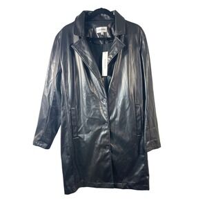 Vigoss Black Faux Leather‎ Coat Women's Long Button Up Jacket Size L Blazer